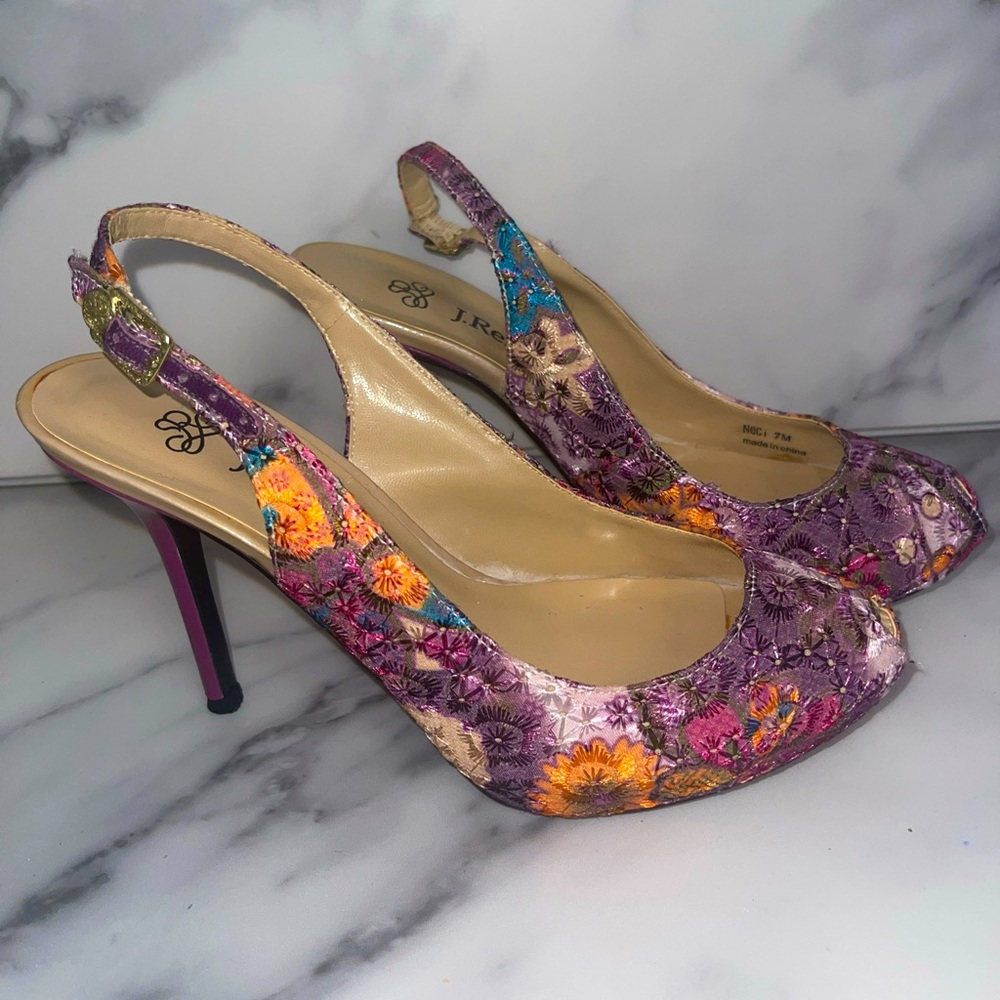J. Renee Purple  Palsy Canvas Embroidered  Sling Back Peep Toe Shoes “NECI”   7M